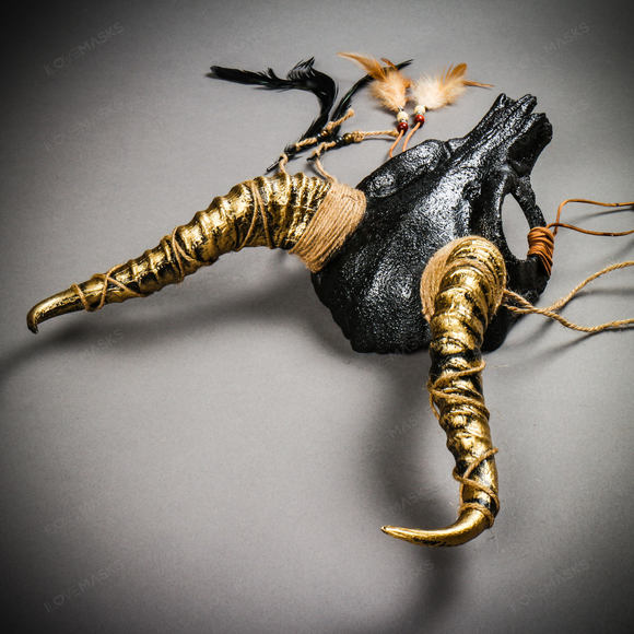 Antelope Devil Animal Skull with Gold Impala Horns Masquerade Mask - Black - Picture 9 of 10